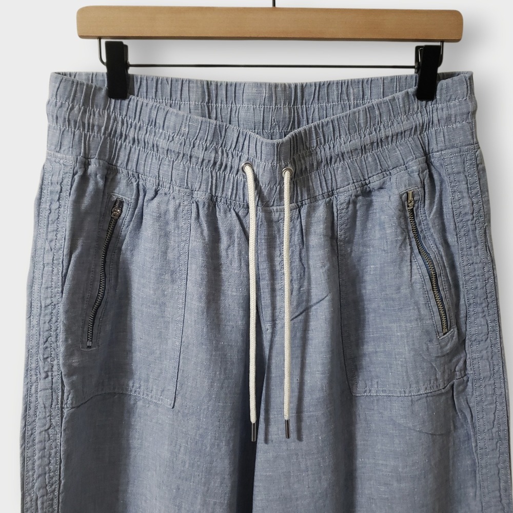 Athleta Cabo Linen Wide Leg Pant Chambray Blue Size 14 Elastic Waist Drawstring - Picture 2 of 11